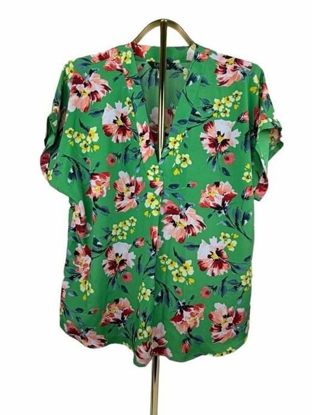 Lauren Ralph Lauren Floral Blouse Size XL Green V-Neck Short Sleeve Top